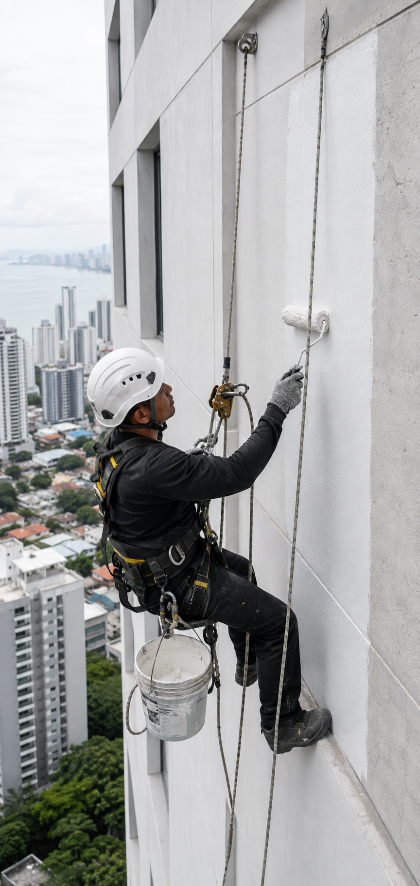 Técnico especializado pintando una fachada mediante acceso con cuerdas