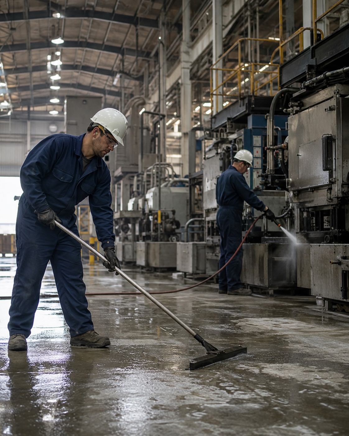 Equipo realizando limpieza en una instalación industrial